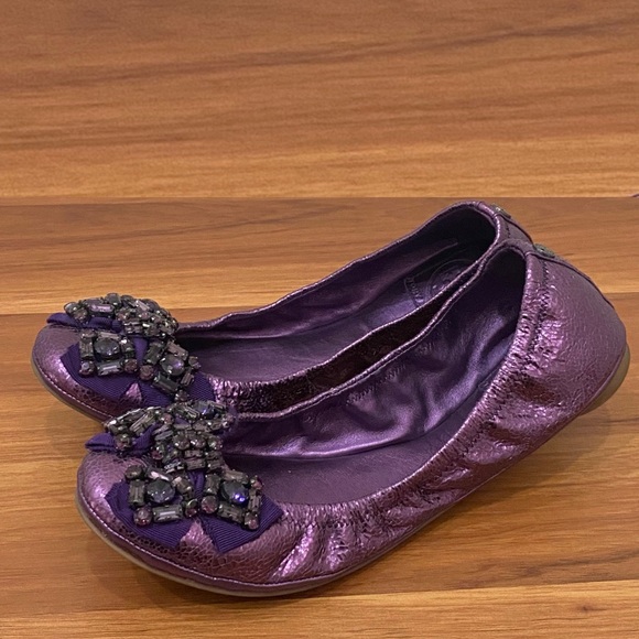 TORY BURCH Azalea Jeweled Bow Metallic Purple Ballerina Ballet Flats Size 8.5M - Picture 11 of 16